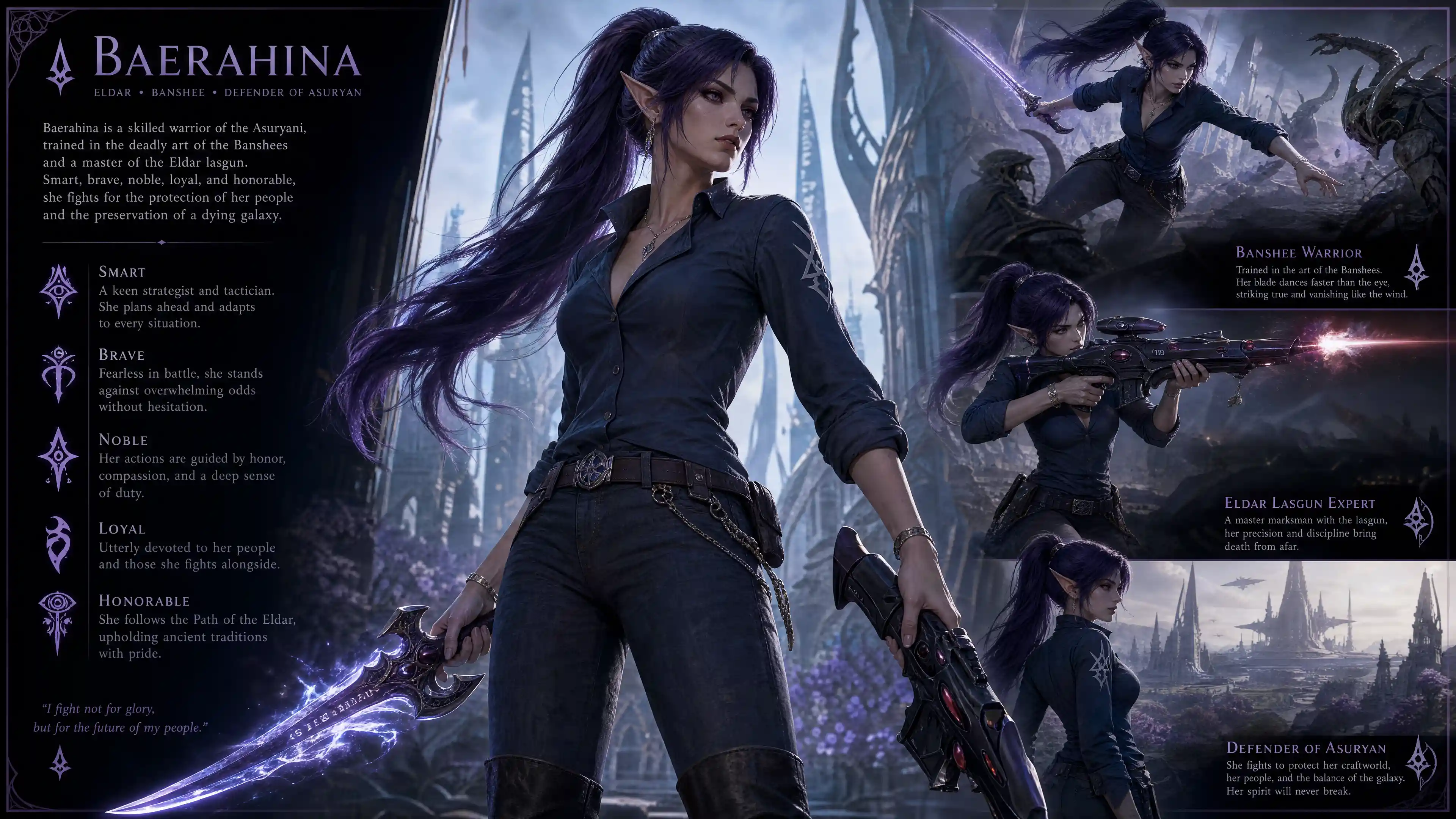 Brave female eldar warrior with dark purple ponytail