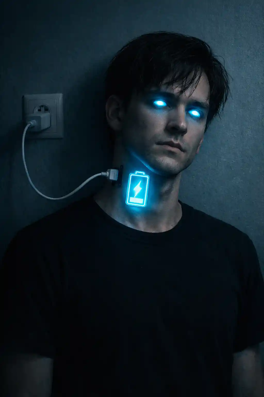 Young man recharging with blue neon cable connection
