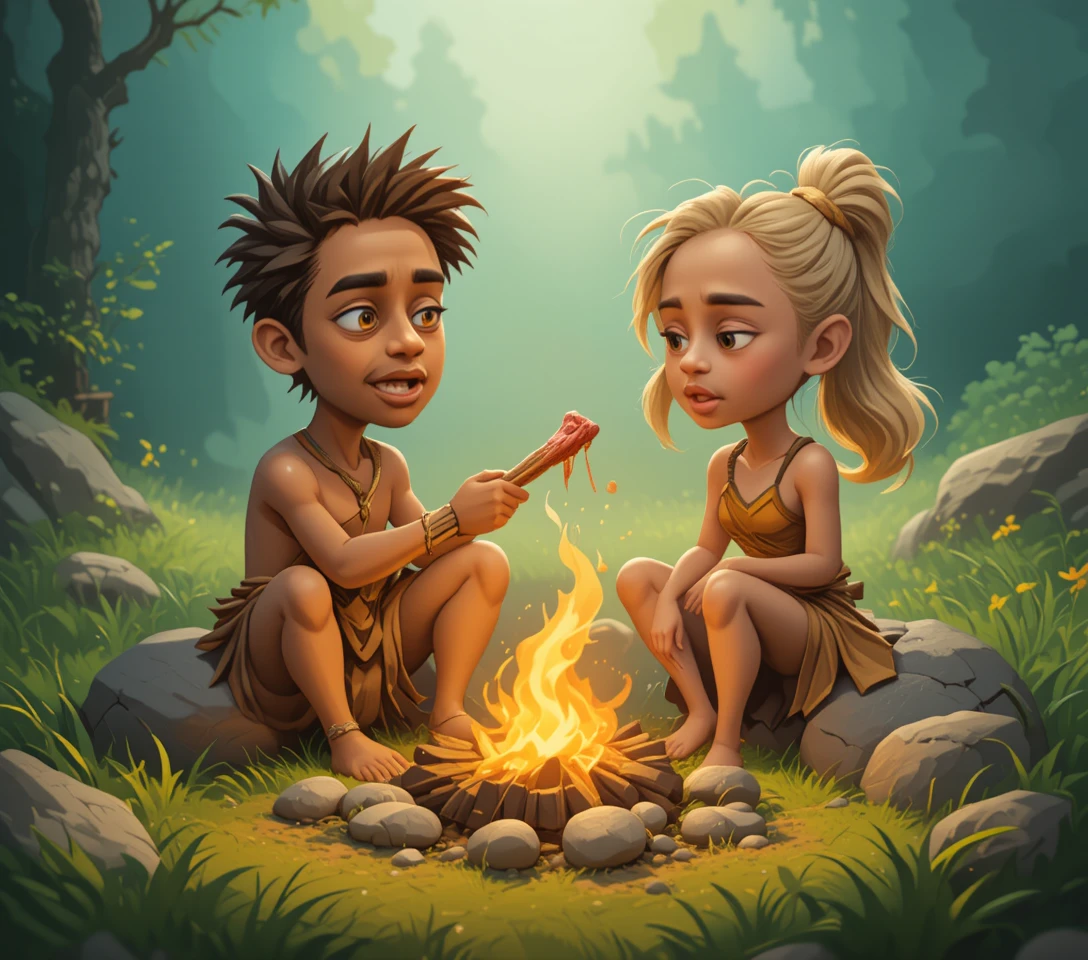 Prehistoric children cooking food together by a small campfire