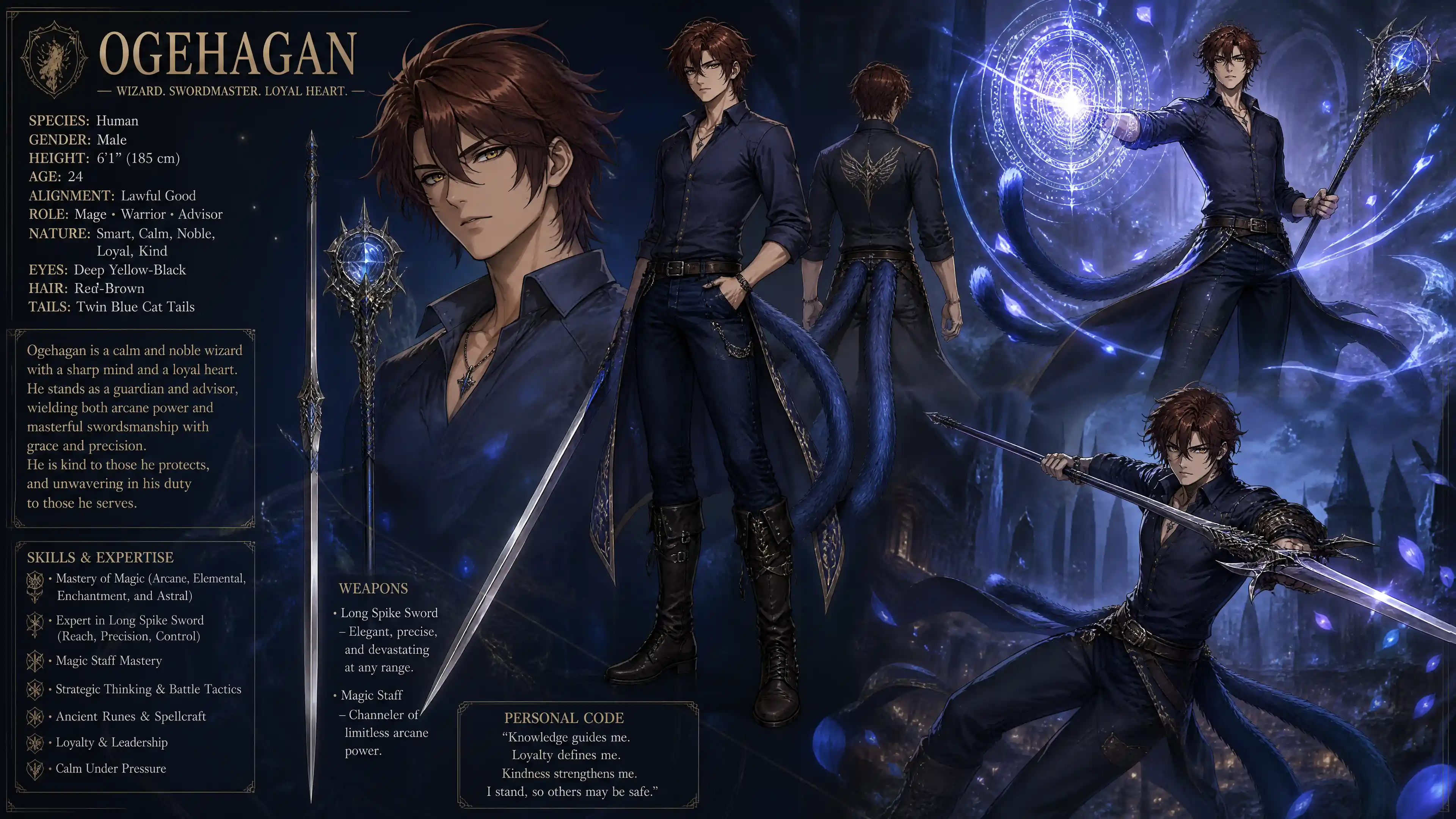 Fantasy wizard man with twin blue cat tails
