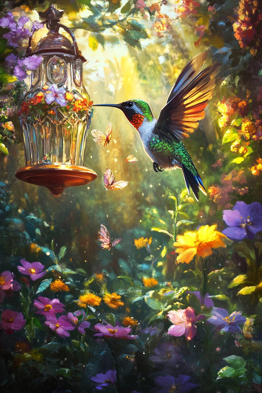 Hummingbird Feeding At Glass Feeder In Lush Garden