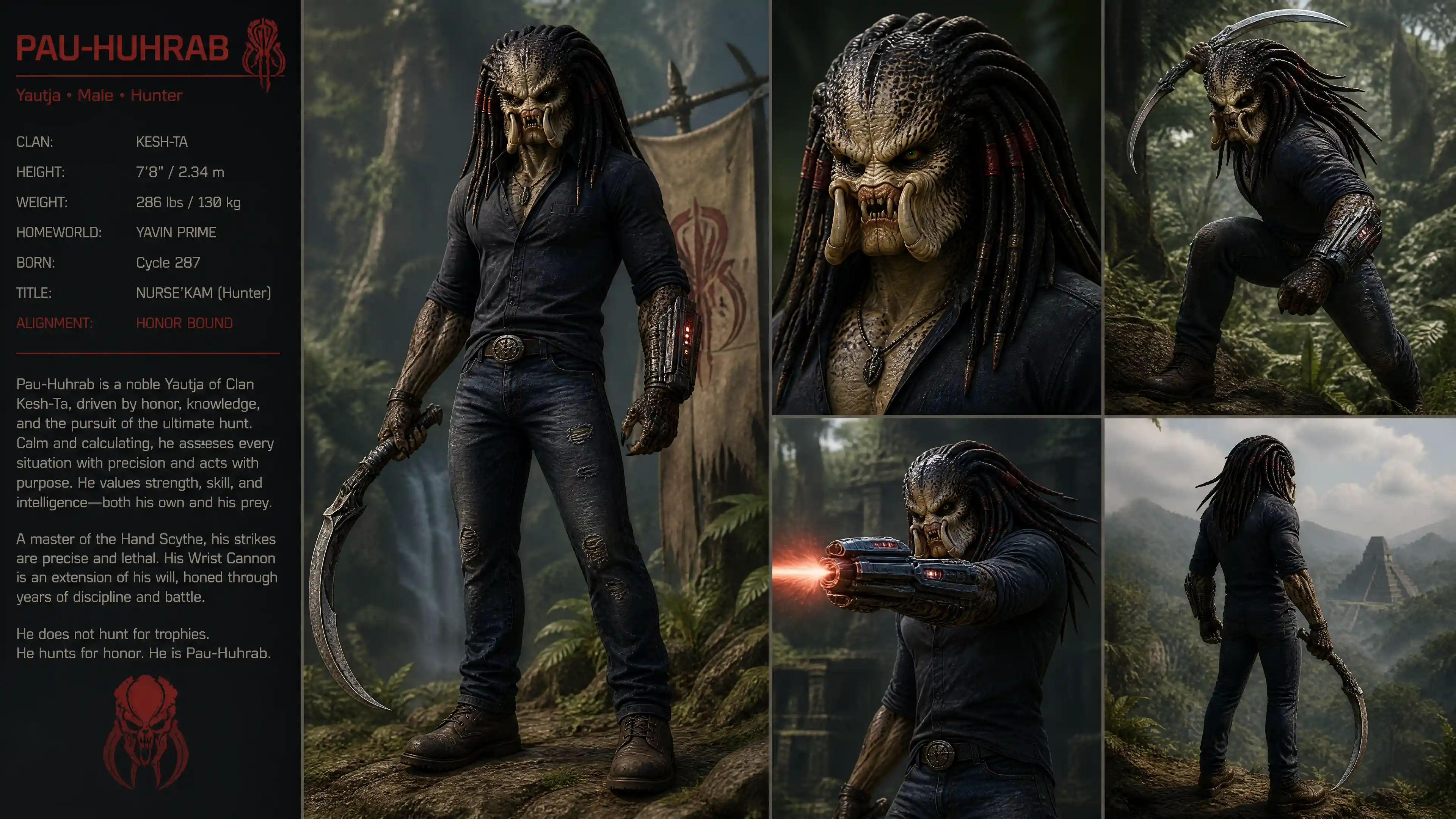 Calm male alien warrior holding a hand scythe