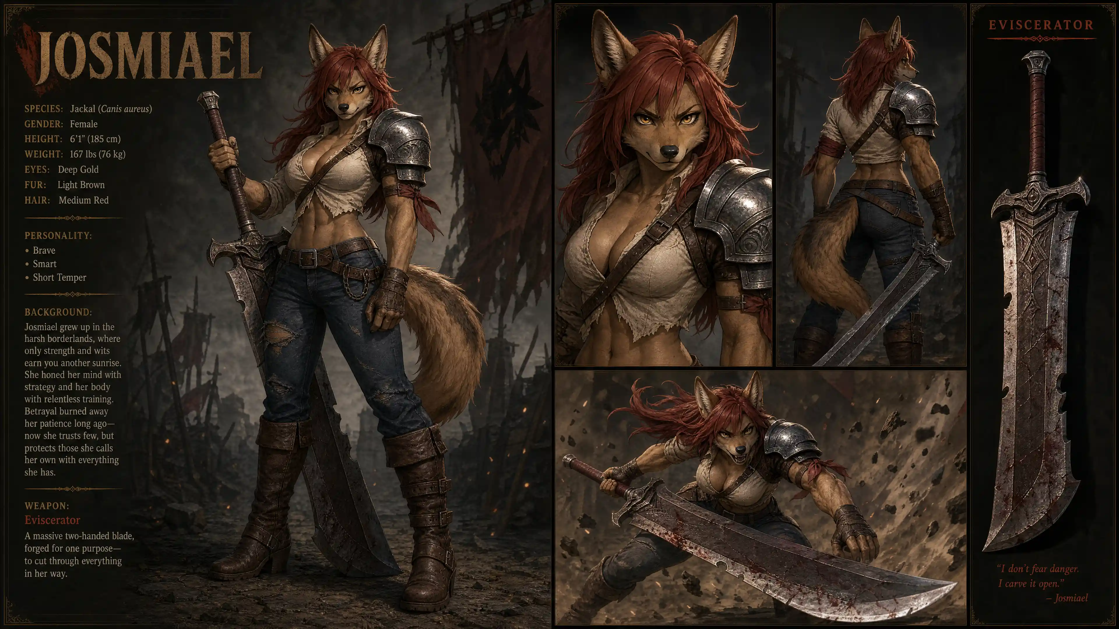 Athletic jackal warrior woman with armor and huge sword