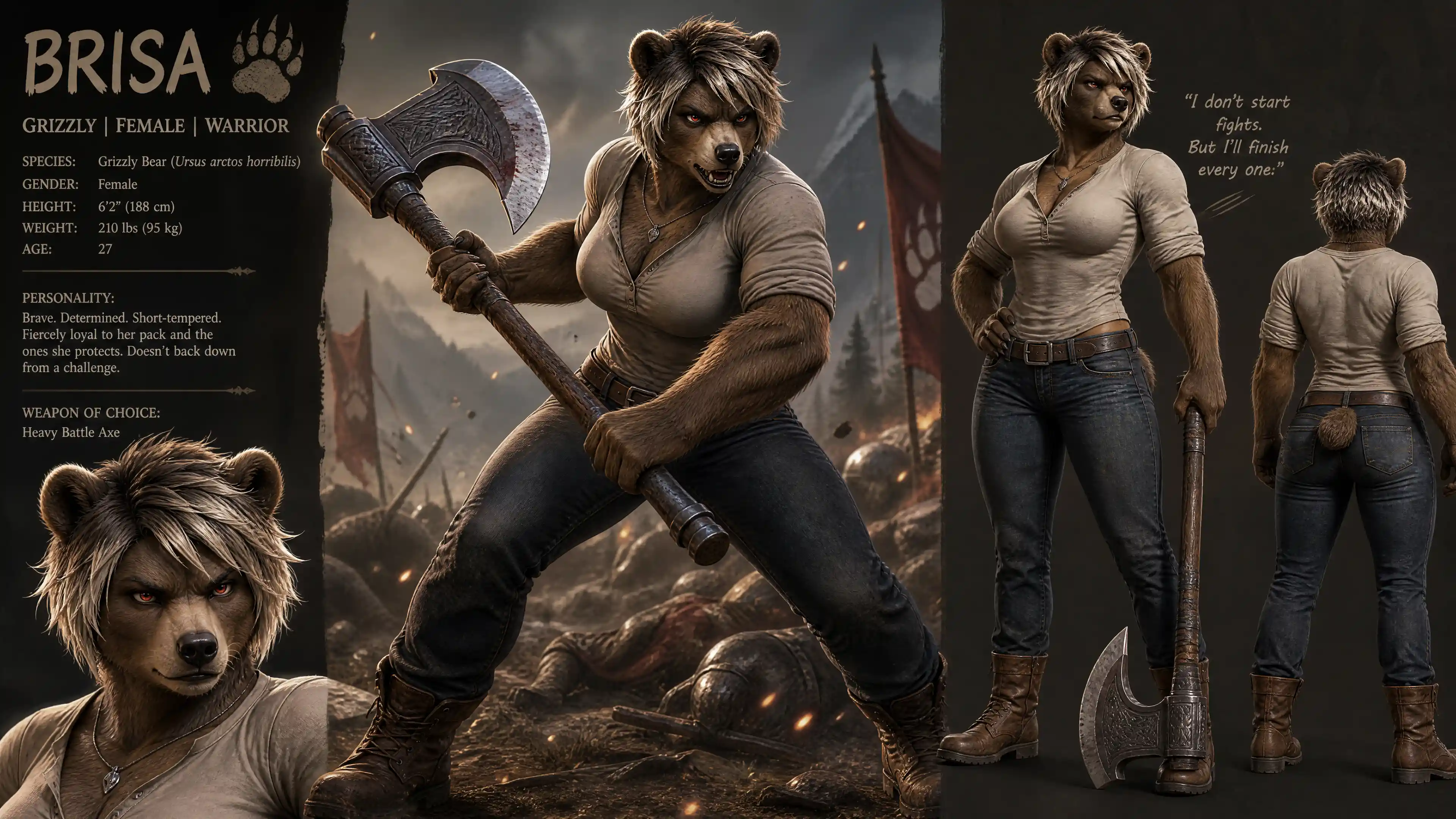 Anthro grizzly warrior woman with battle axe in casual wear