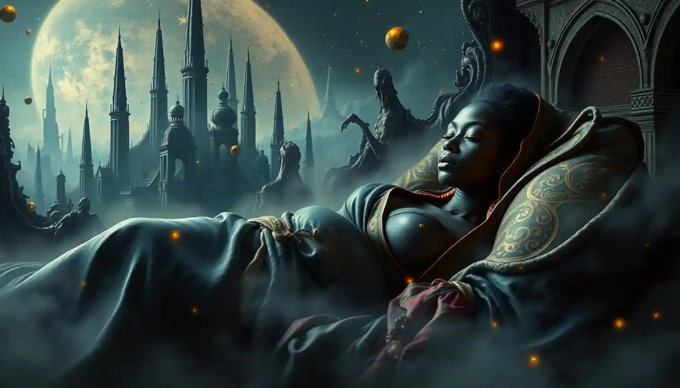 Sleeping woman in a glowing surreal dream world