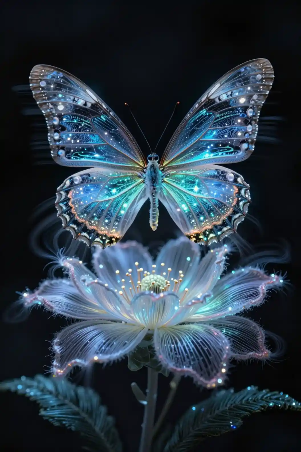 Bioluminescent Butterfly With Iridescent Embroidered Flower On Black