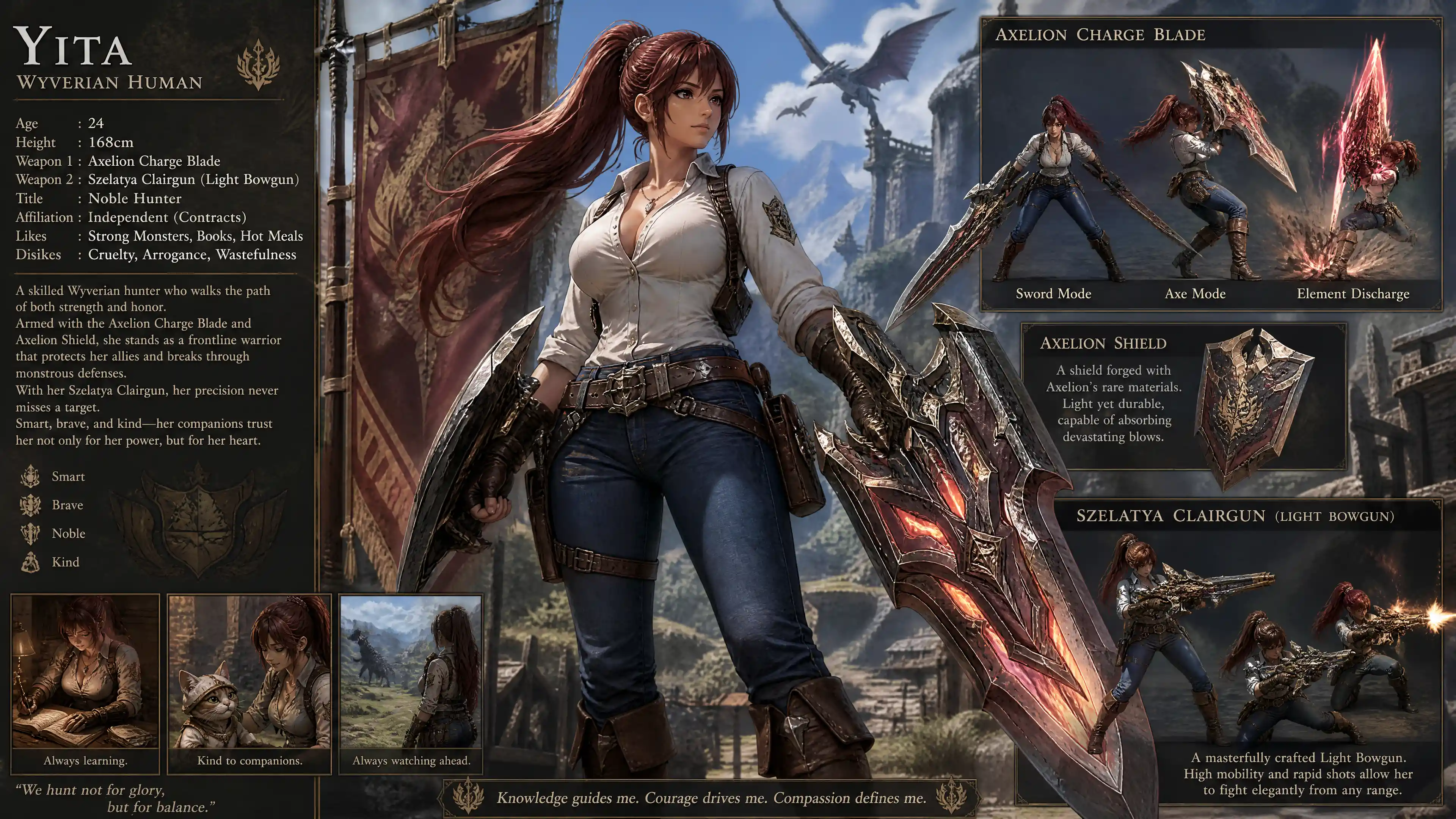 Brave fantasy huntress with charge blade and shield