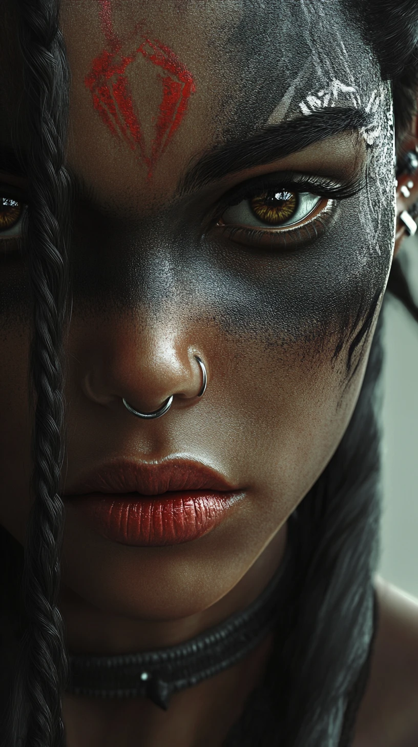 Tribal face painted woman with braids in close up portrait