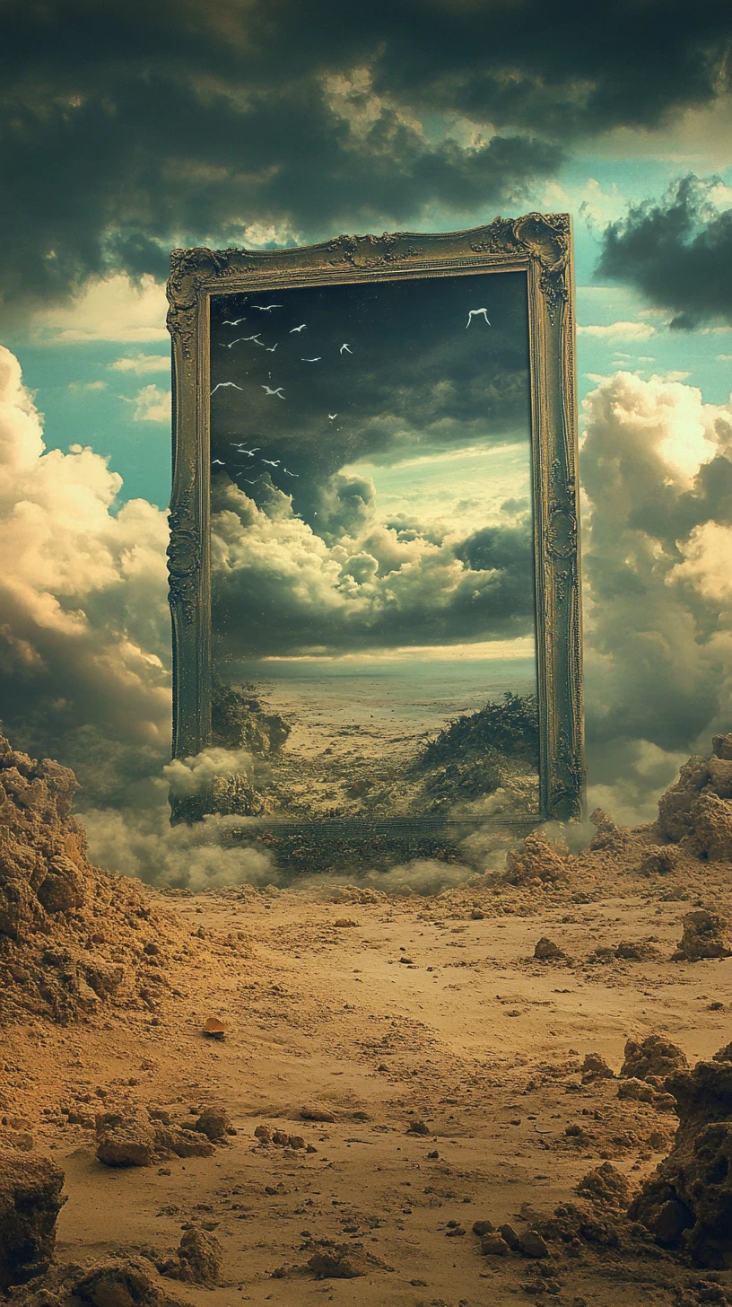 Distant fantasy worlds with a lone empty picture frame