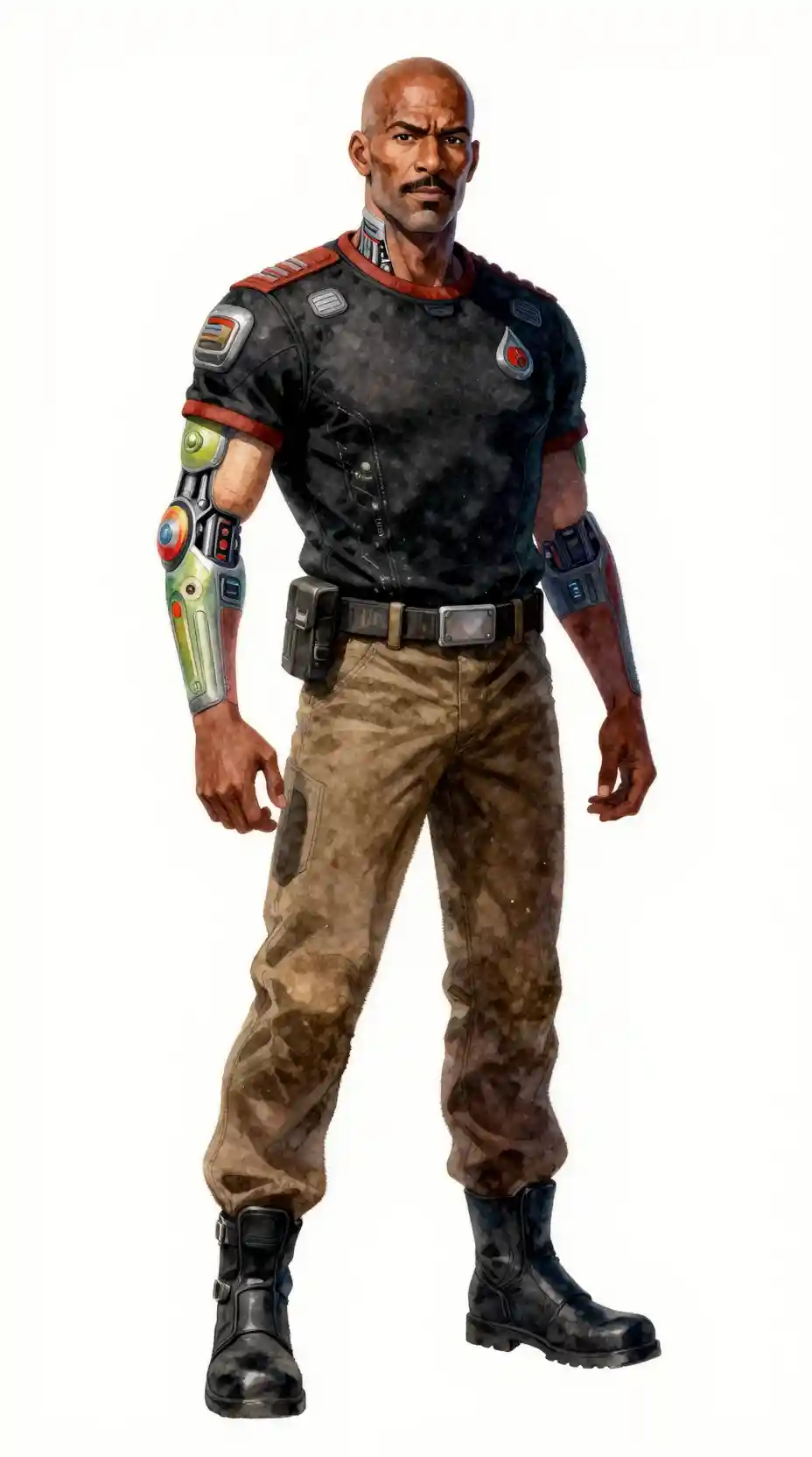 Confident starship officer with alien cybernetic implants