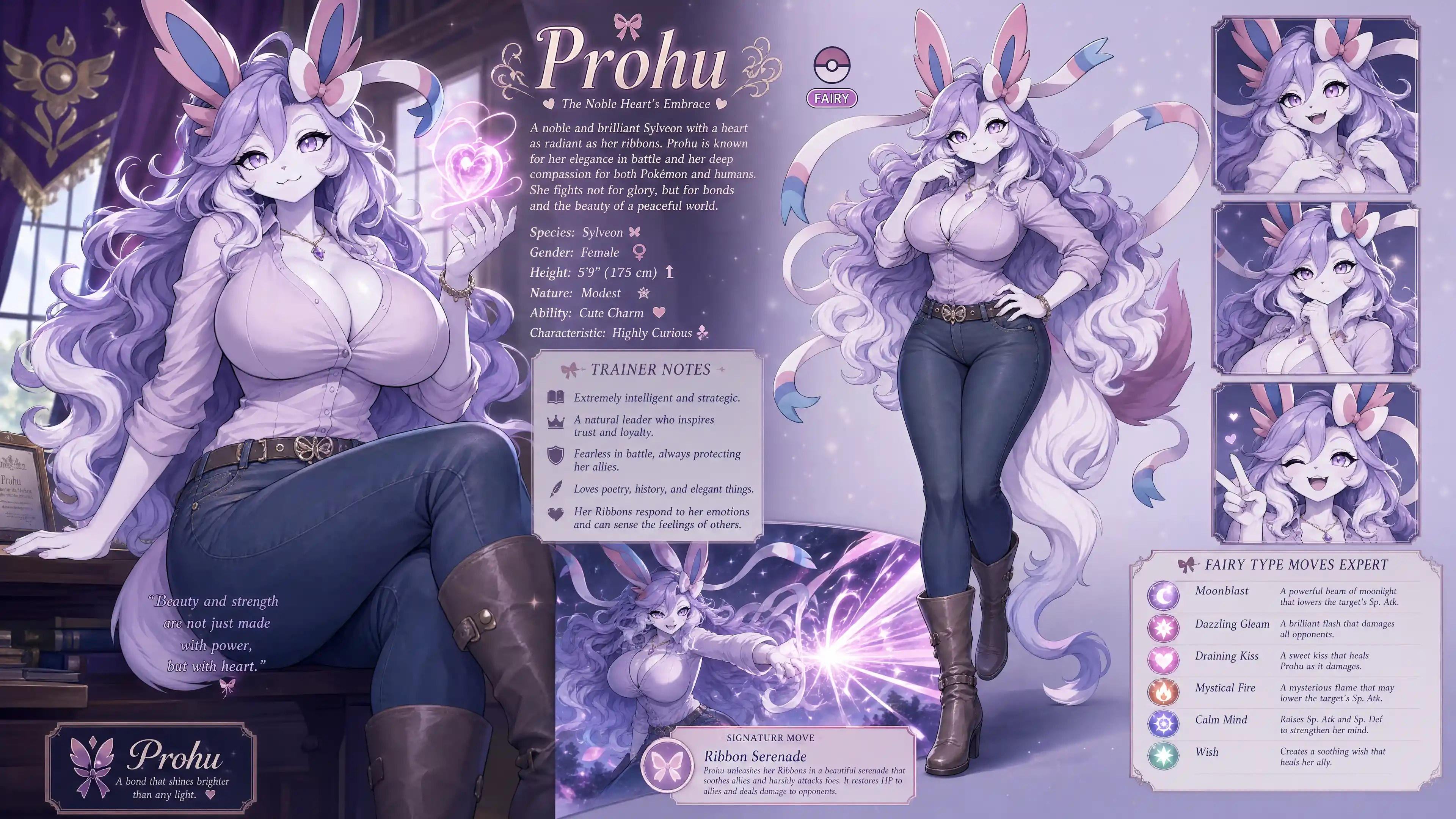 Cheerful anime sylveon woman in casual modern outfit
