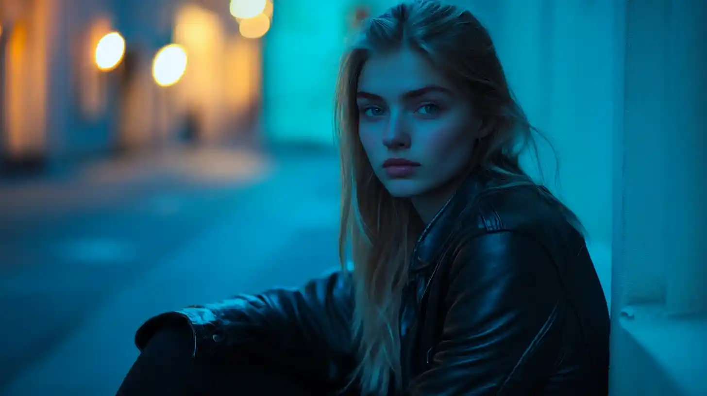 Young Scandinavian woman on a night city street