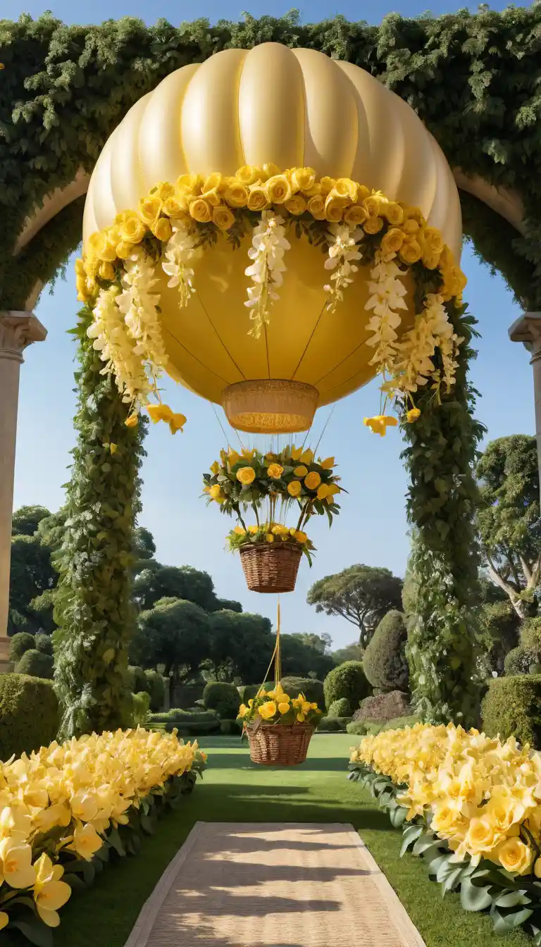 Golden Crochet Hot Air Balloon In A Lush Fantasy Garden