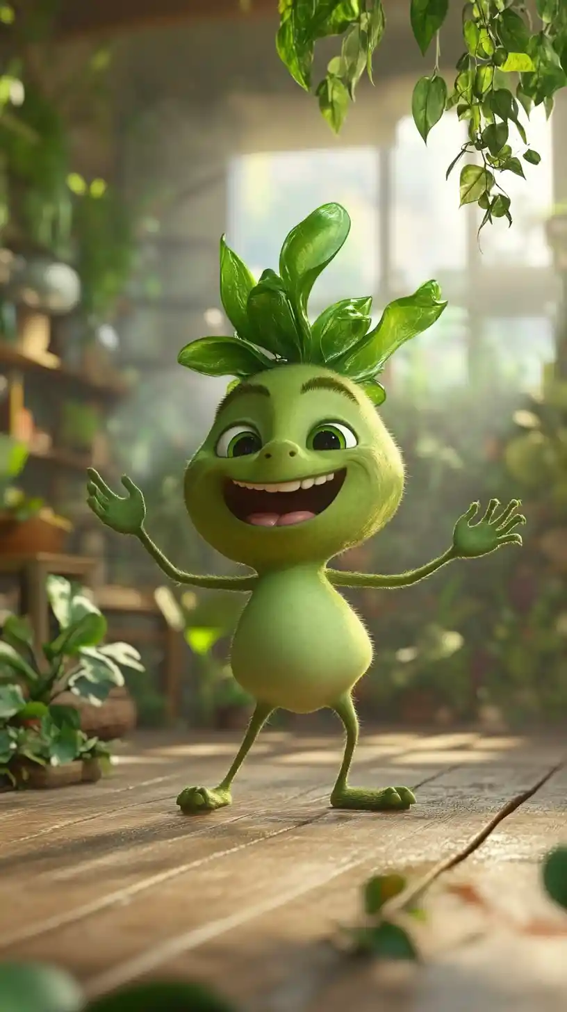Cheerful 3D spoon character presenting moringa powder in kitchen