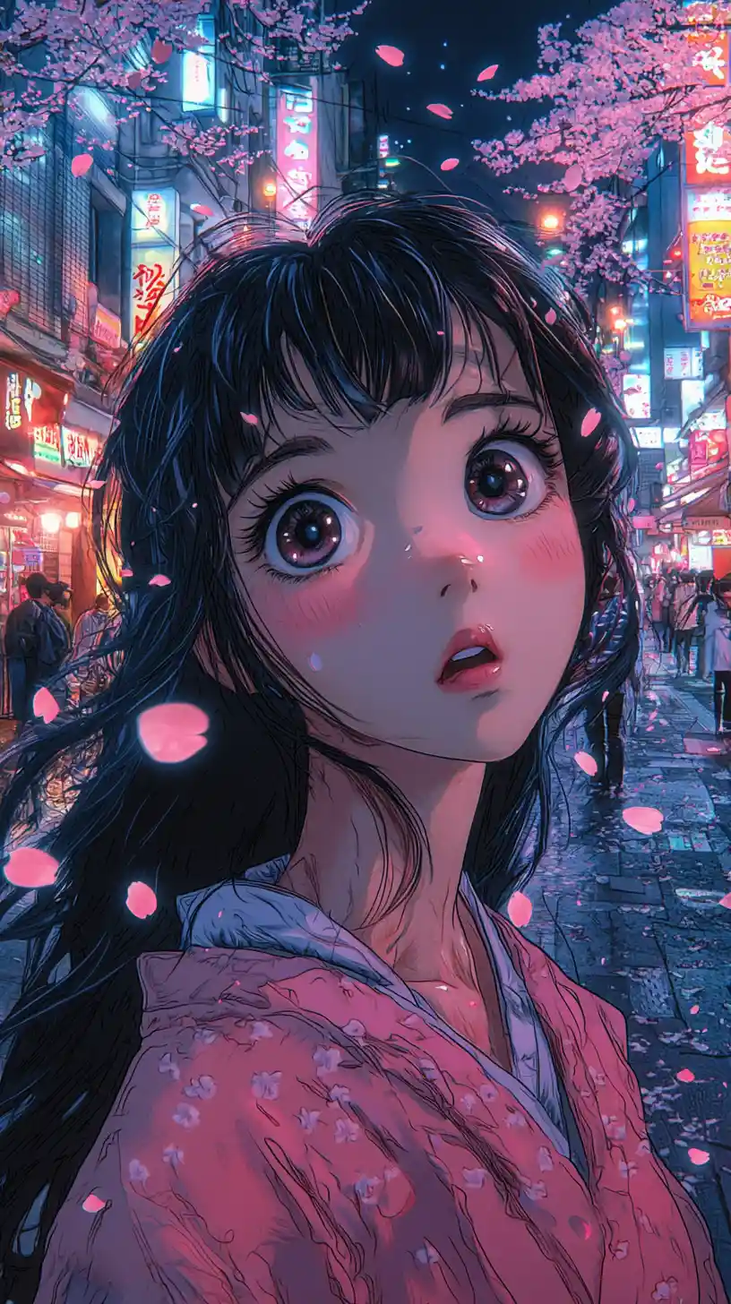 Anime girl at dusk on neon Tokyo street with sakura