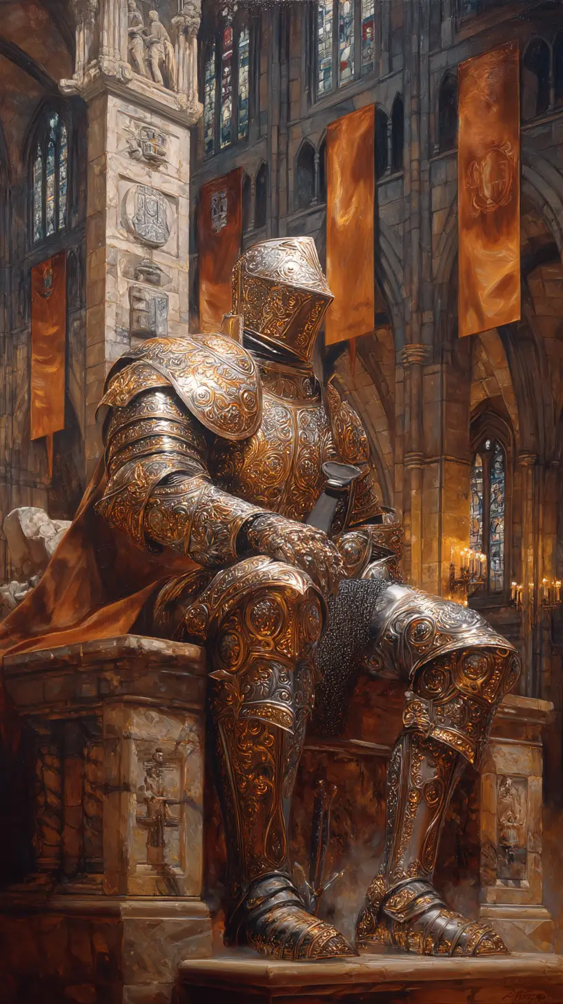 Golden armored knight seated on a stone throne