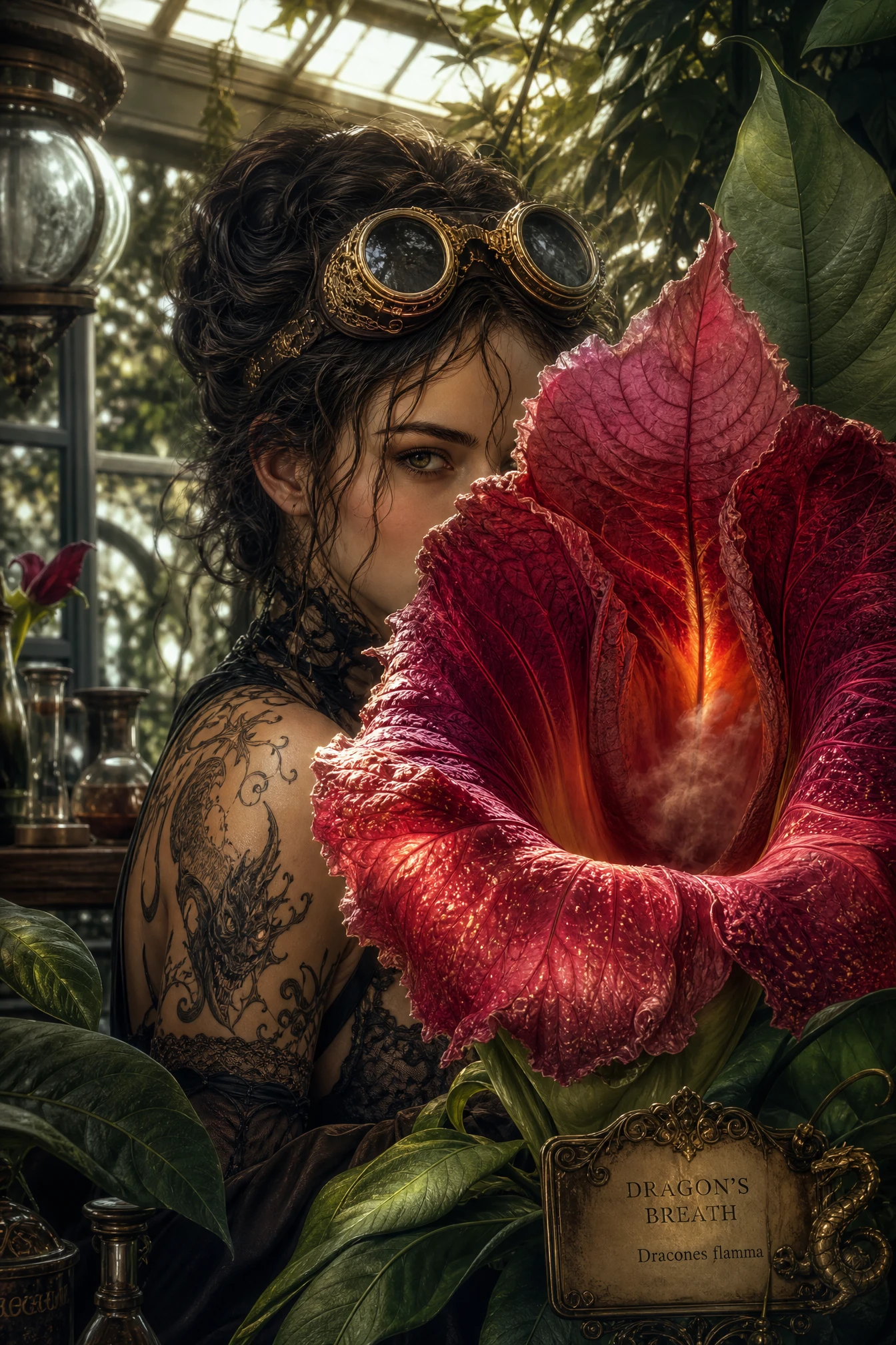 Mujer tatuada en invernadero bañado por el sol con flor de dragón