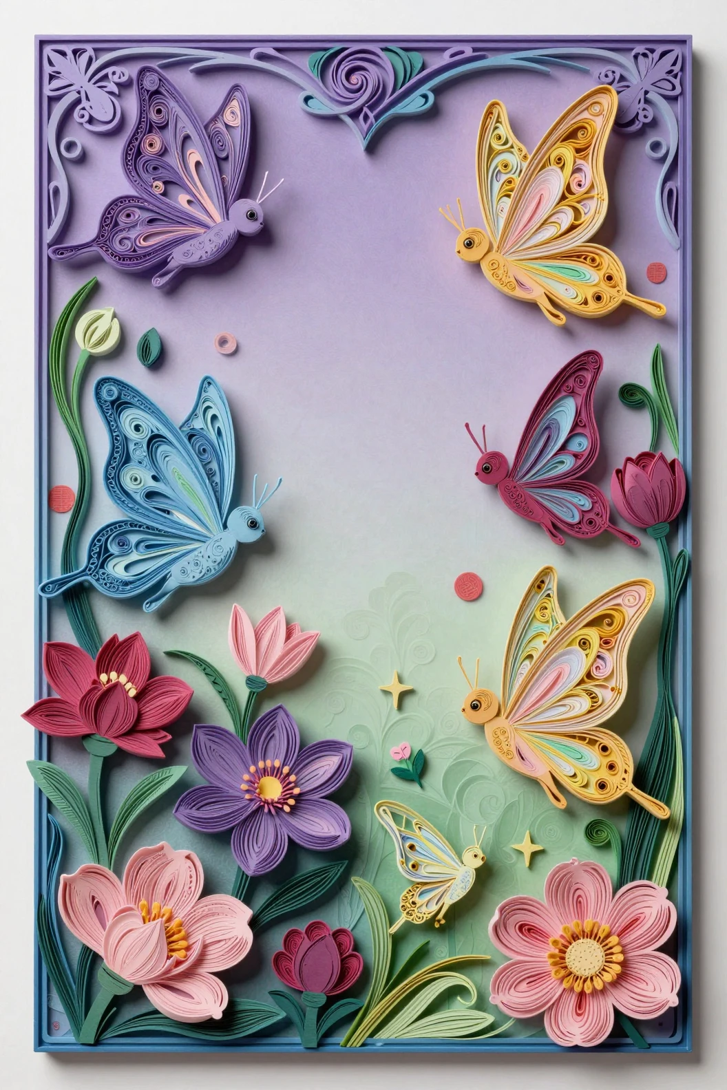 Colorful paper fairies swirling above a floral garden