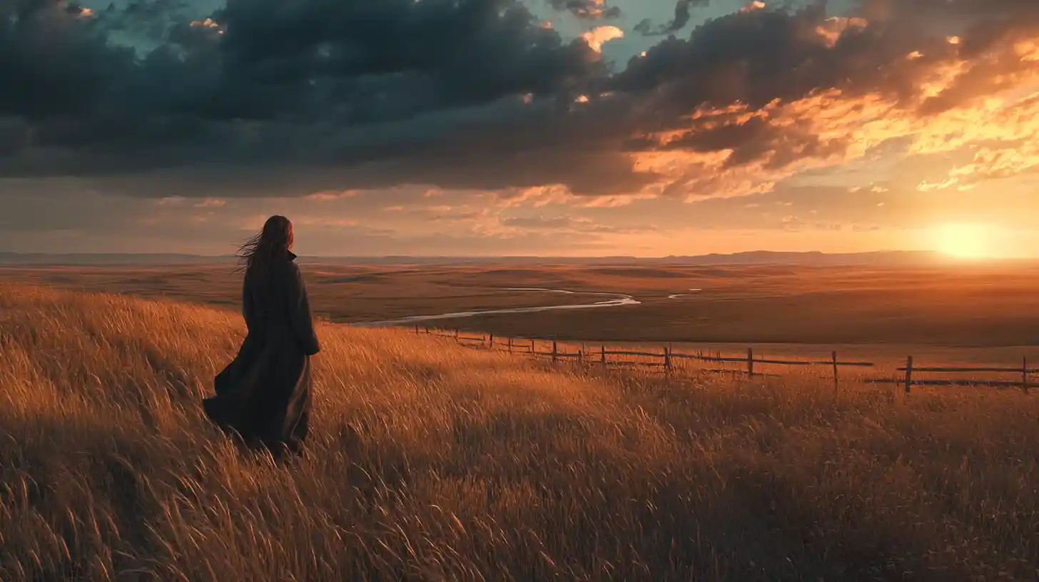 Lone woman on windswept prairie under vast stormy sky