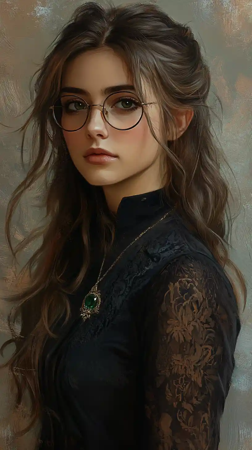 Elegant portrait of a young woman with glasses and emerald brooch