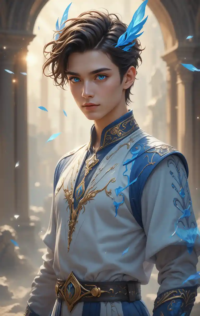 Young fantasy man with glowing blue eyes and antlers