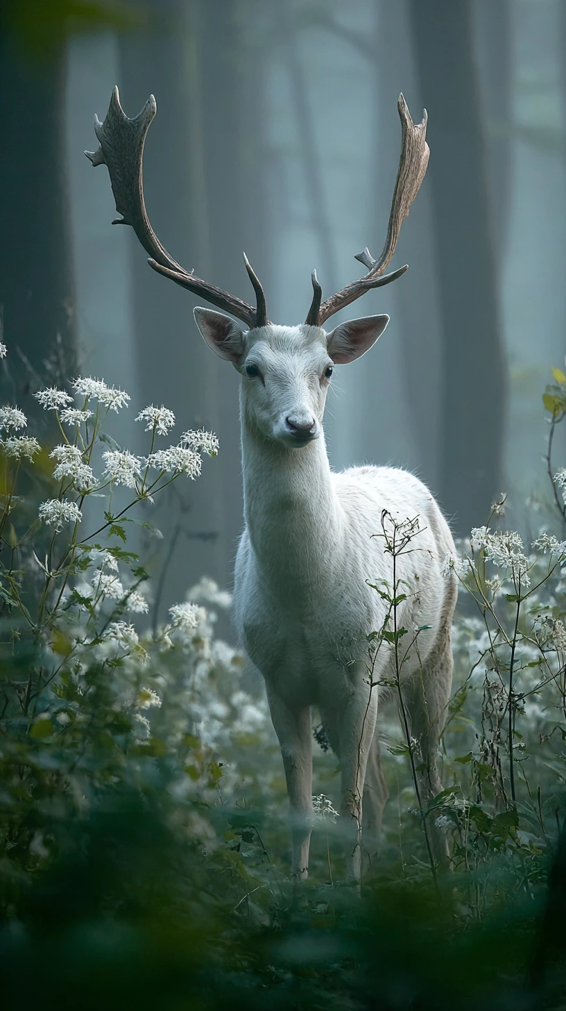 White stag standing in a misty forest stream at dawn