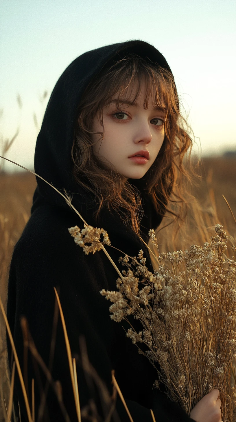 Melancholic girl in hooded coat holding dried wildflowers