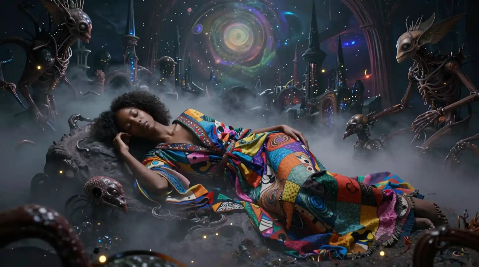 Sleeping woman in a glowing surreal dreamscape with orbs