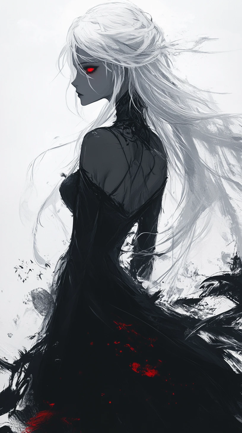 Elegant anime woman dissolving into abstract ink fragments