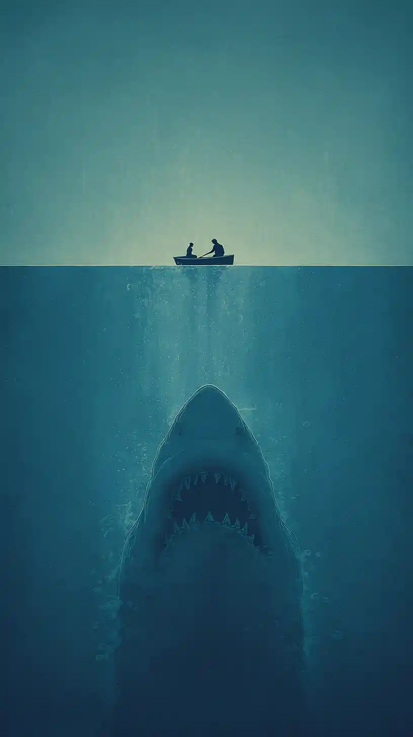 Small fishing boat over a lurking prehistoric shark