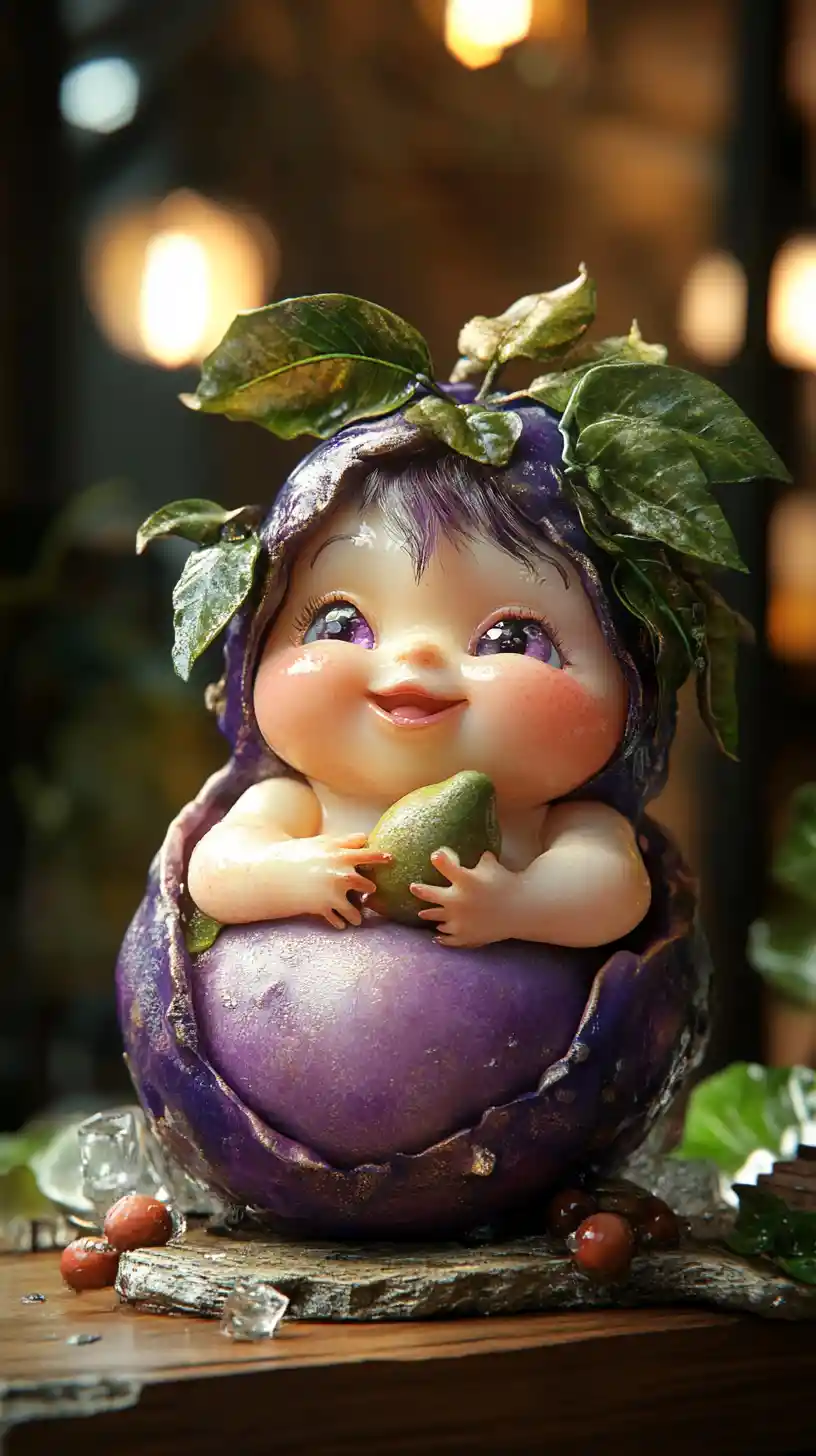 Cute mangosteen baby character eyeing a shiny spoon