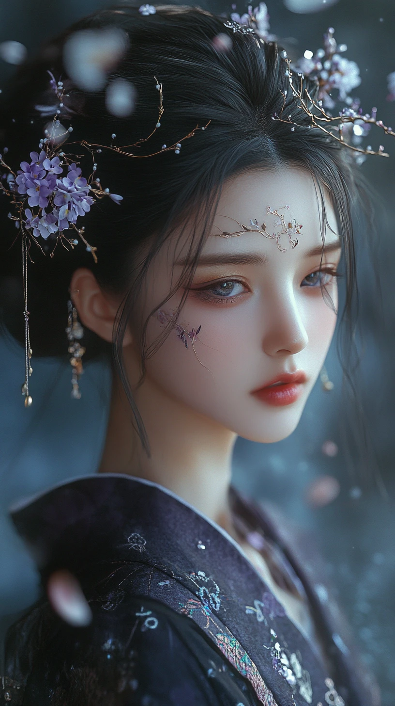 Melancholic woman in floral kimono in glowing forest
