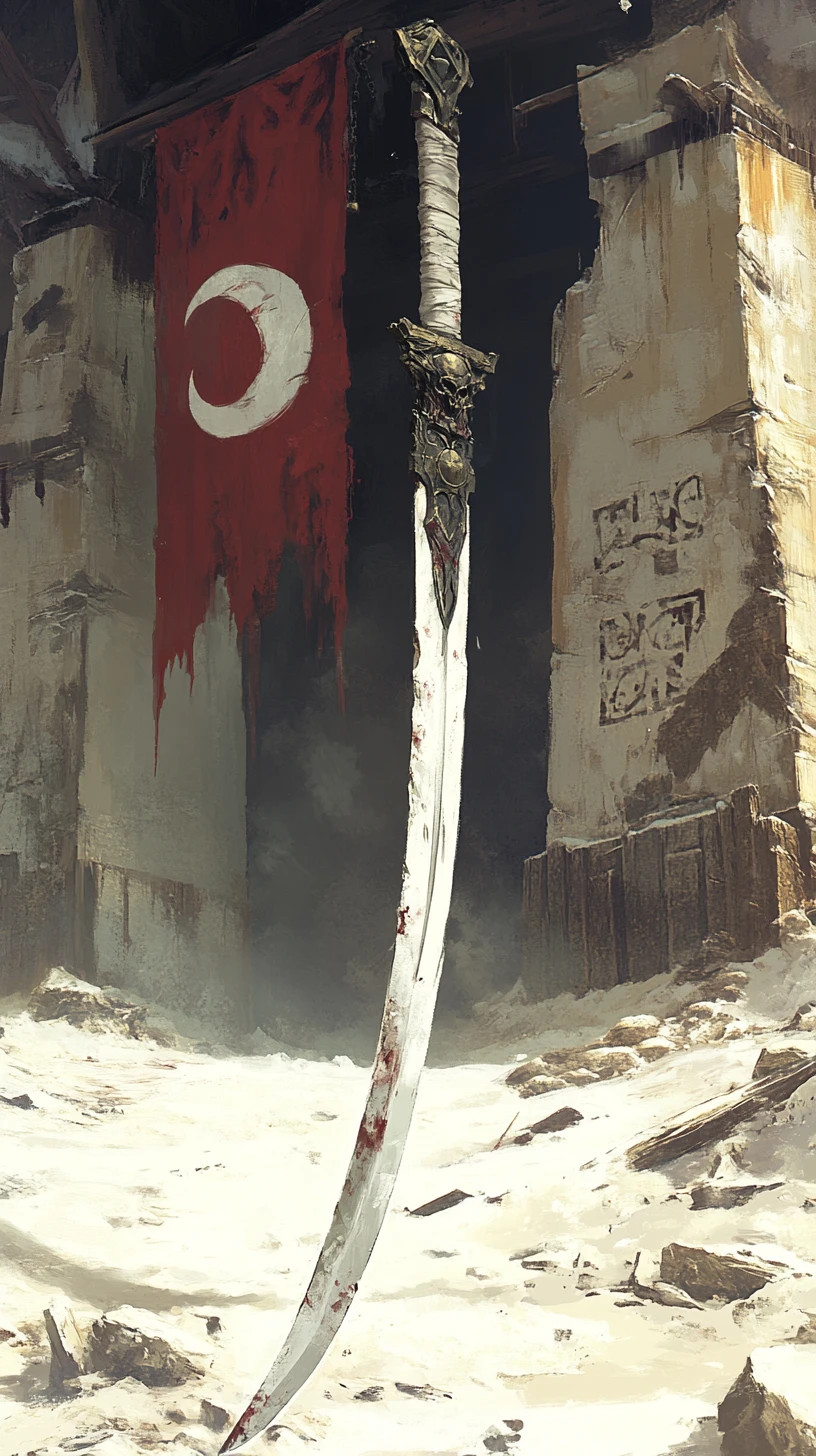 Battle scythe buried in sand within ancient rune covered ruins