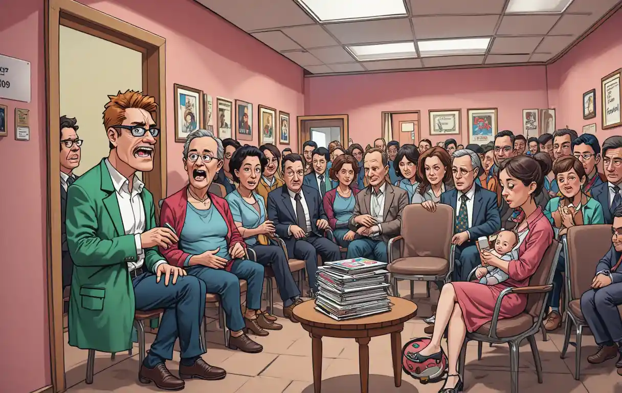 Chaotic cartoon doctor at the door of a busy waiting room
