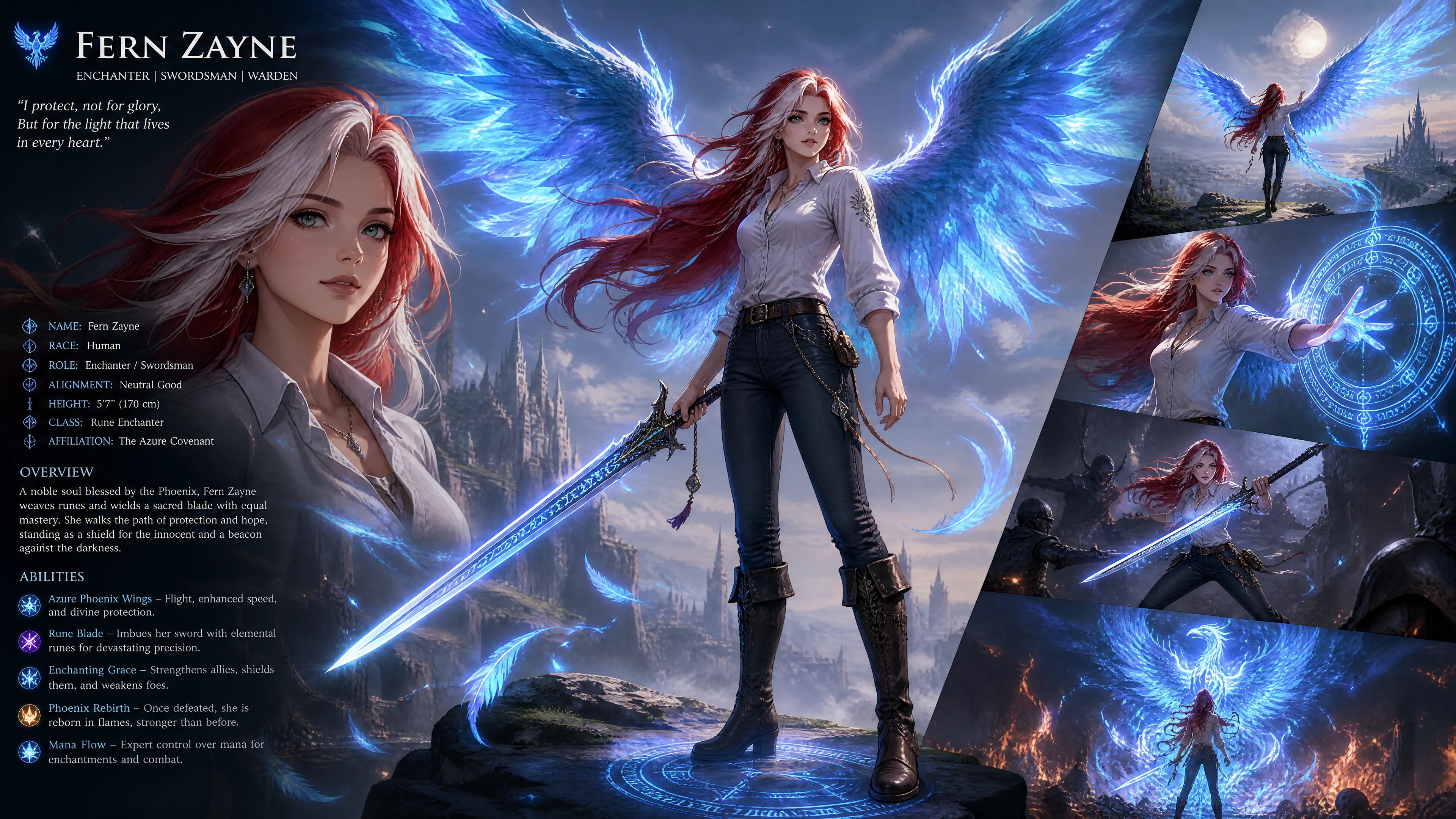 Blue winged warrior woman with rune sword in jeans