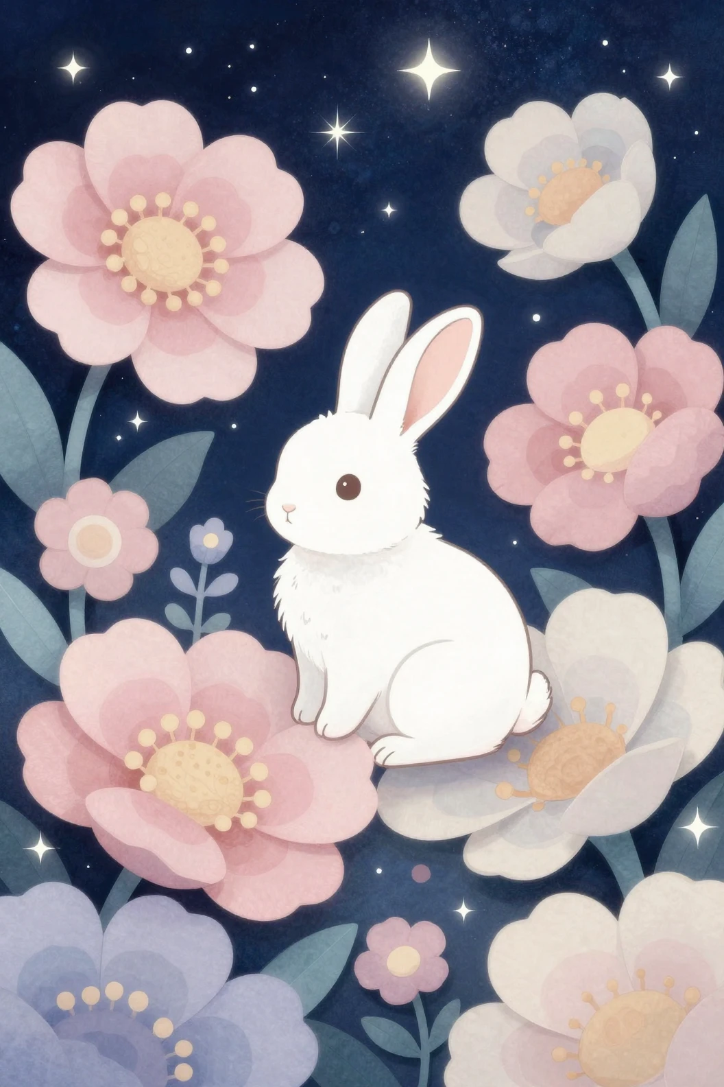 Cute rabbit in flowers under an indigo starry night sky