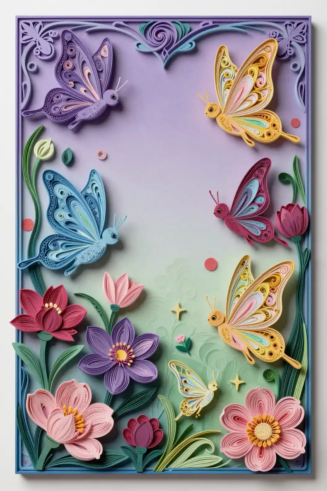 Colorful paper fairies swirling above a floral garden