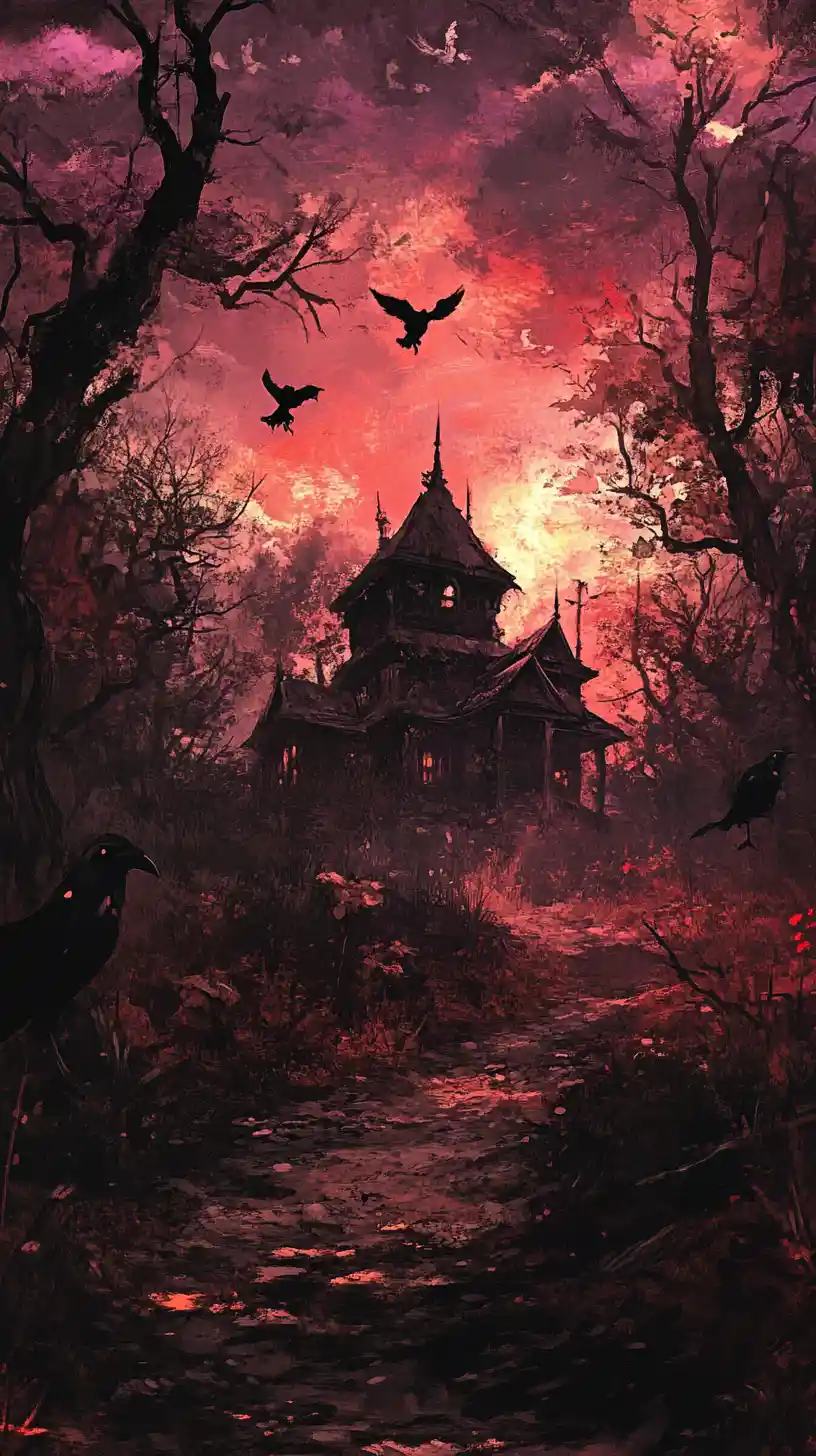 Dark anime dreamland with distant ghosts and old house