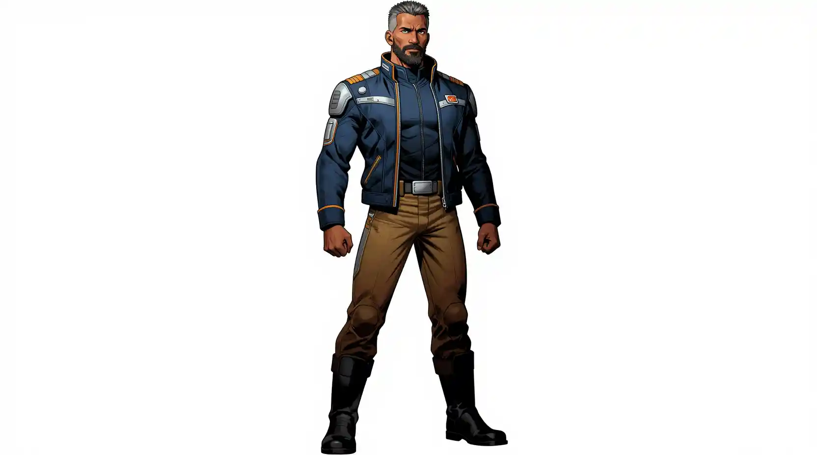 Confident starship doctor in futuristic navy uniform