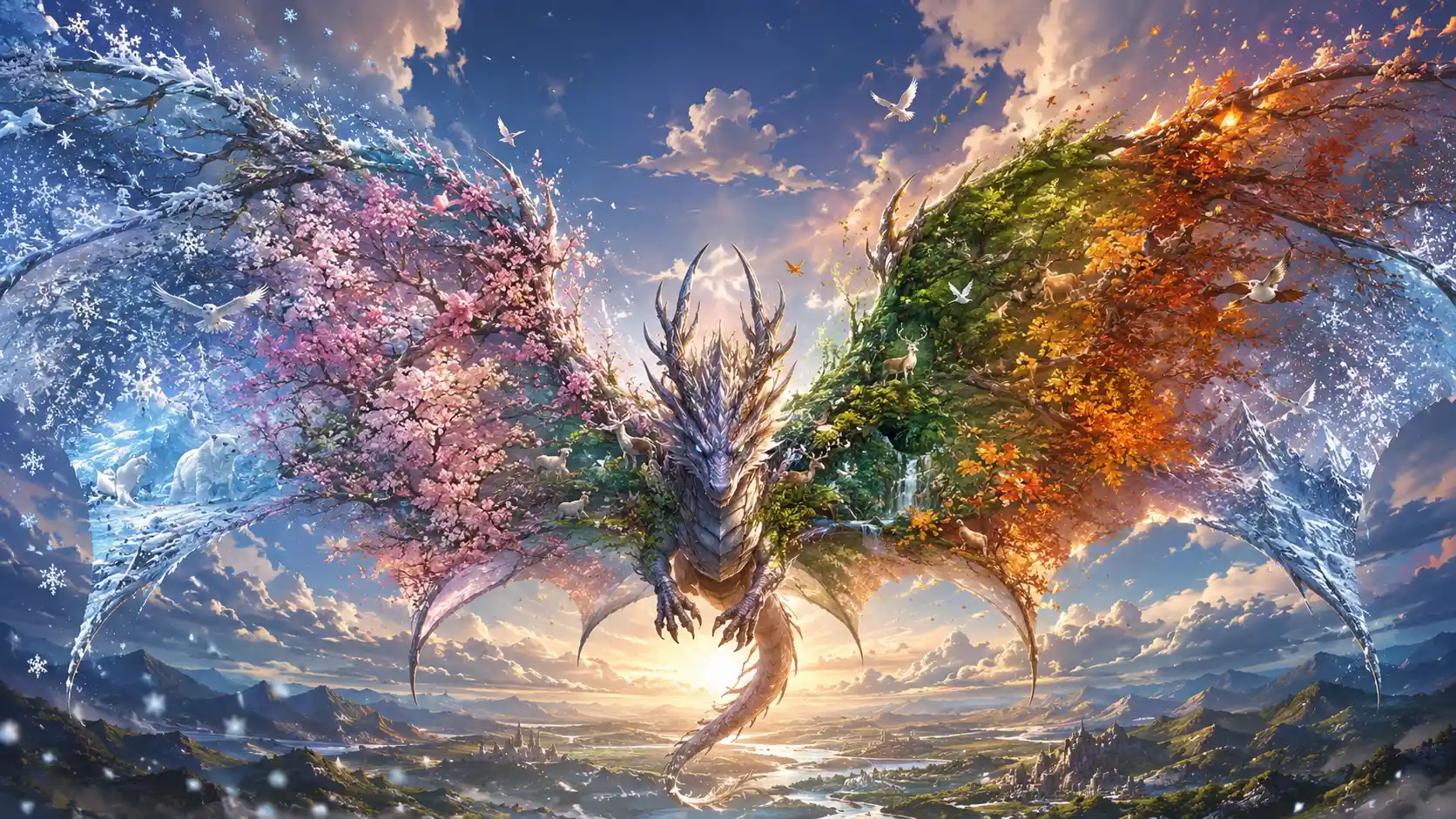 Dragon flying toward viewer with seasonal wings spread wide
