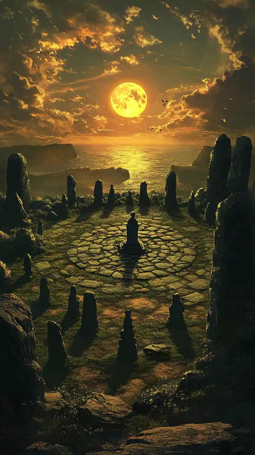 Stone circle chapel on a vast coastal plain at sunset