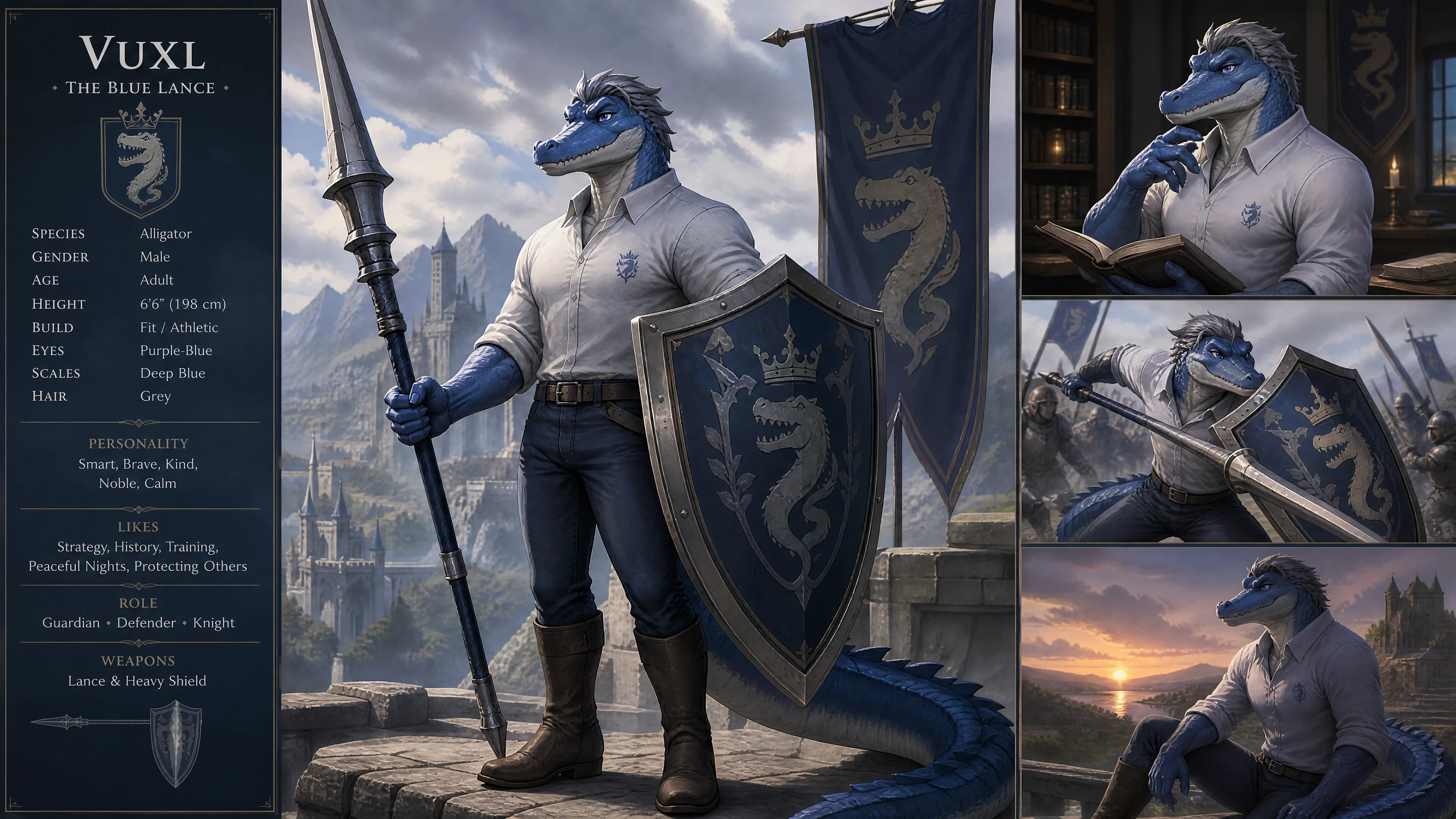 Blue anthro alligator warrior in casual modern clothing