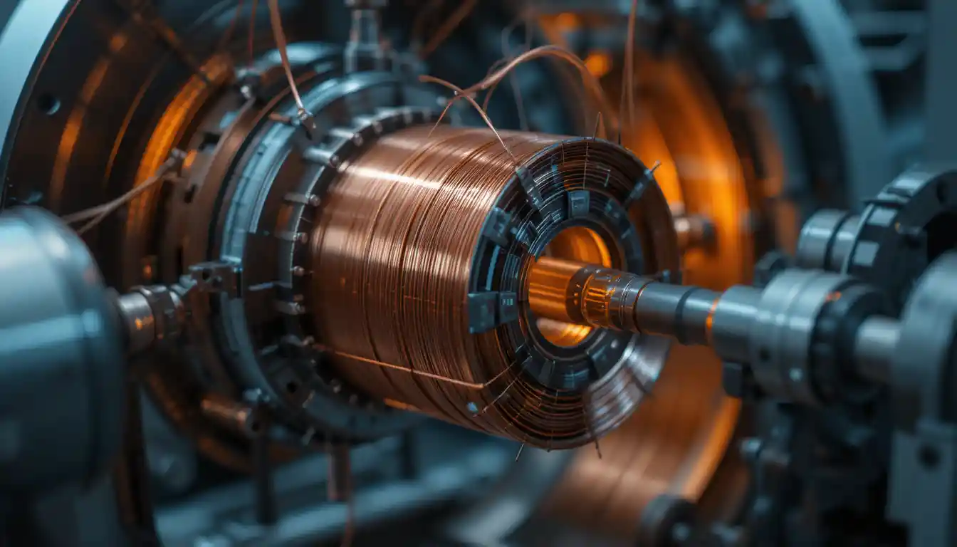 Macro View Of Needle Winder Coiling Copper On Stator Core