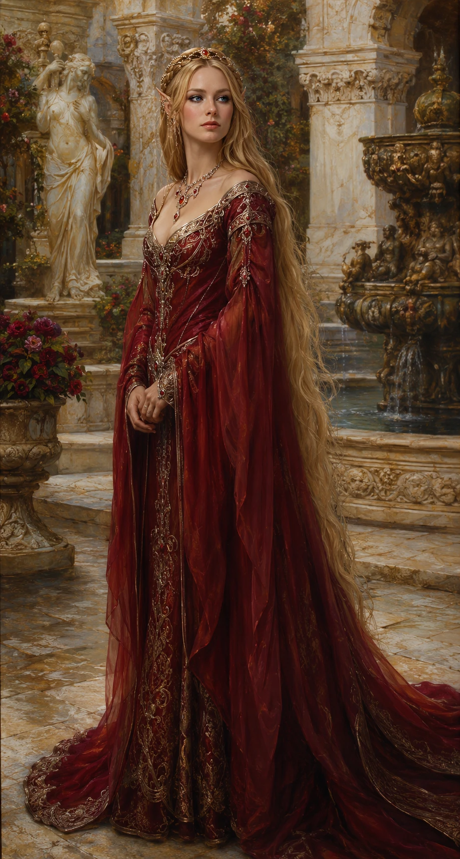 Renaissance style portrait of a regal elven woman