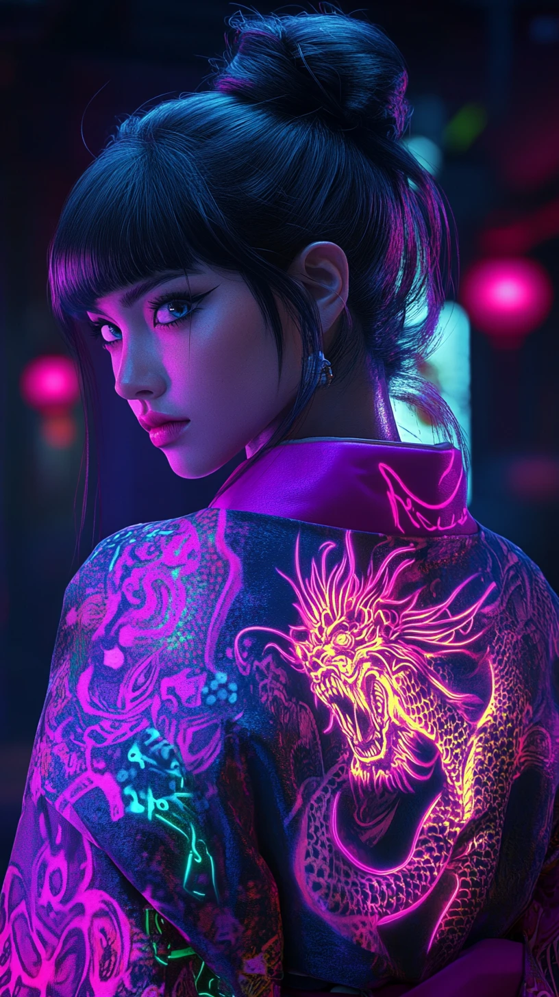 Cyberpunk anime woman in kimono with glowing back tattoos