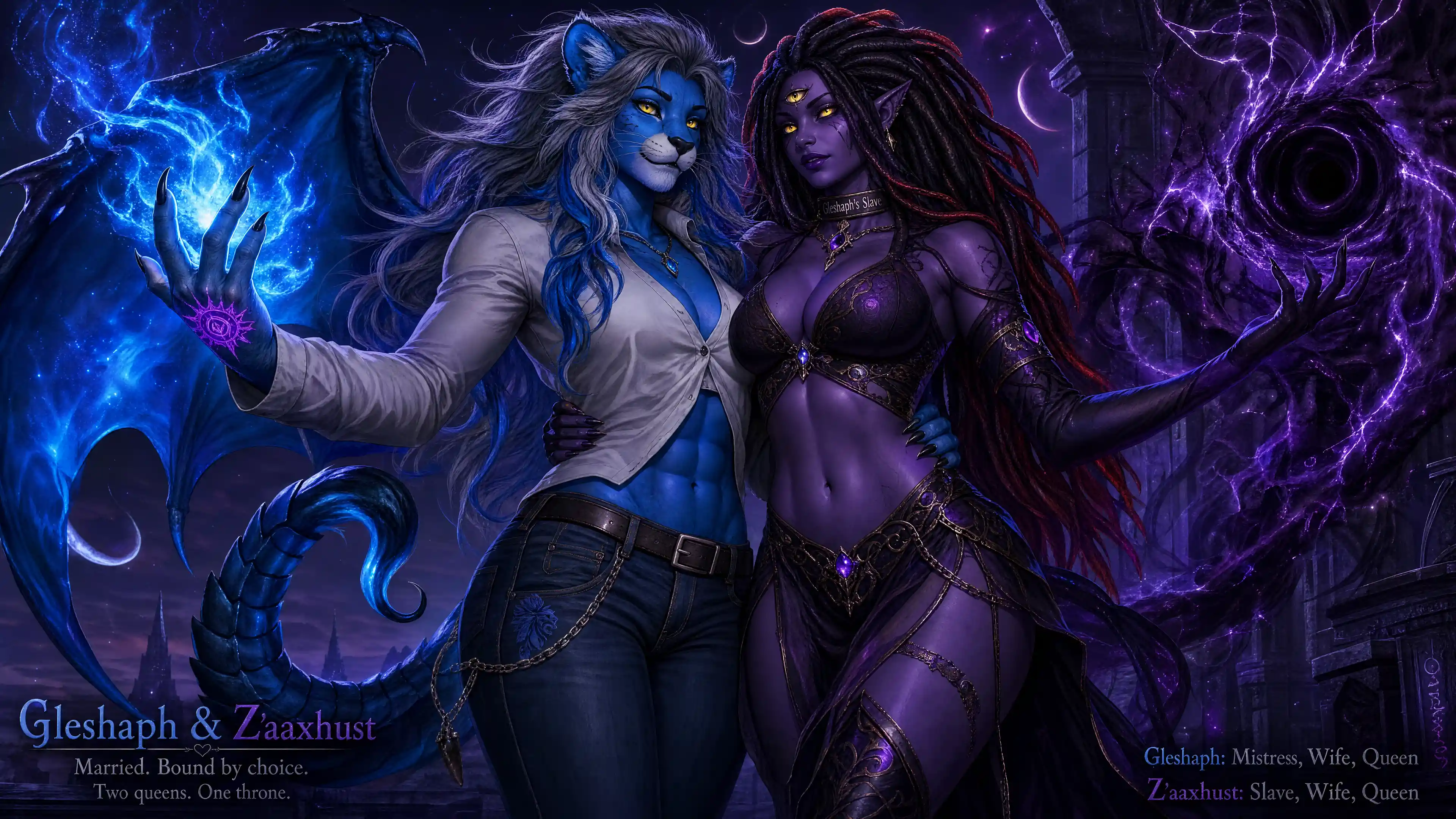 Blue fur lion woman with dragon wings and eldritch mark