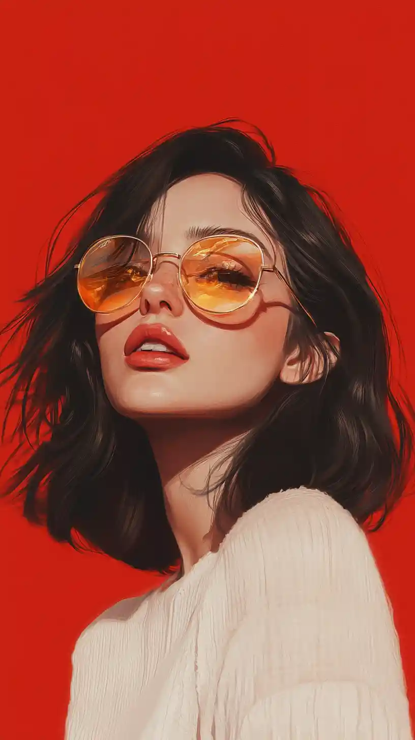Stylish girl in gold sunglasses against bright red background
