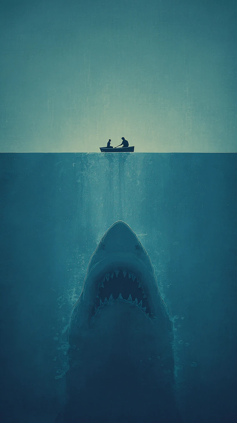 Small fishing boat over a lurking prehistoric shark