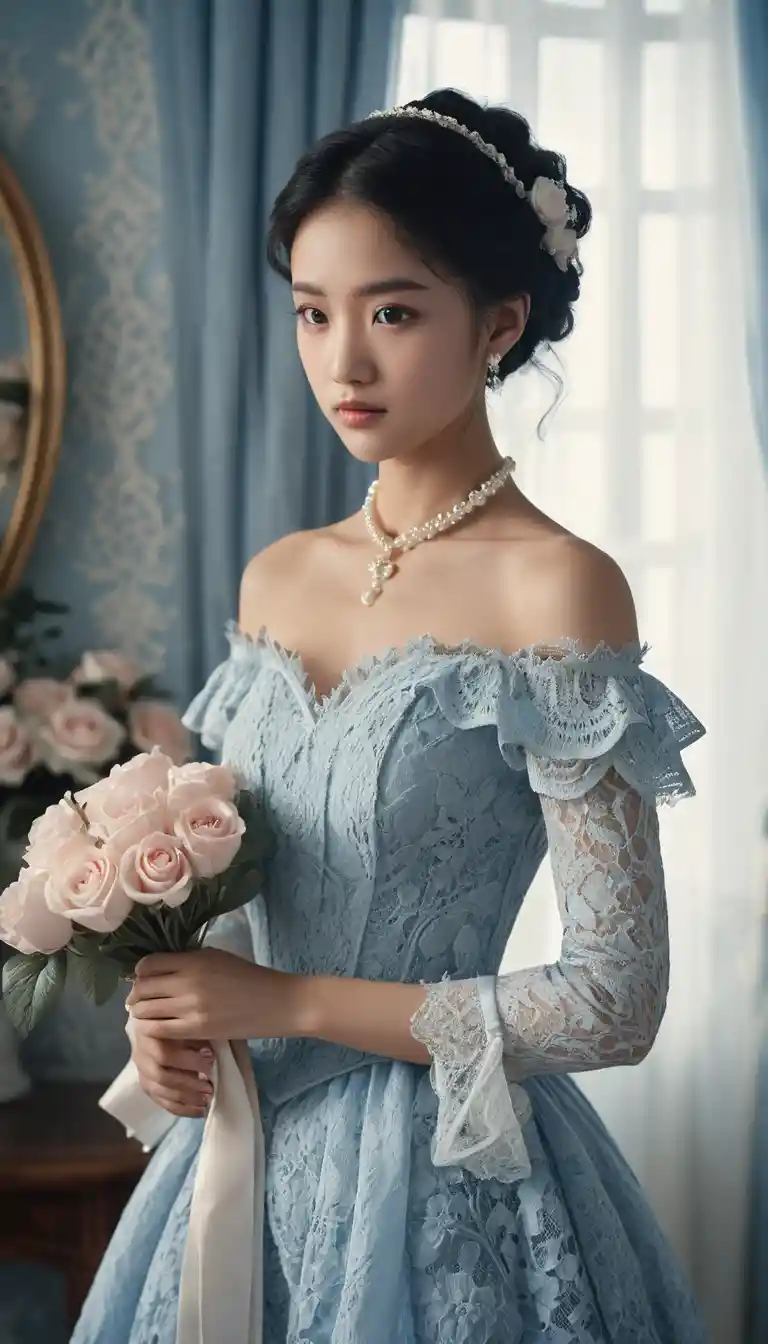 Melancholic girl in blue lace dress holding pastel roses