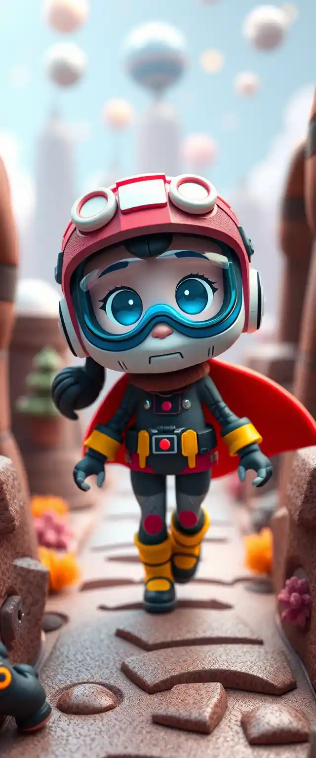 Cute 3D tech heroine girl in playful fantasy world